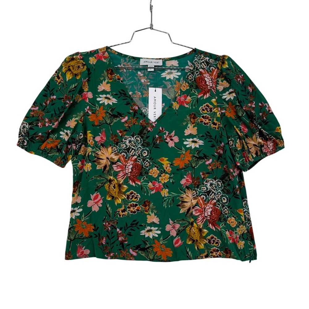 Amour Vert Juliana Blouse Women L Green Rosalind Floral Silk New Puff Sleeve